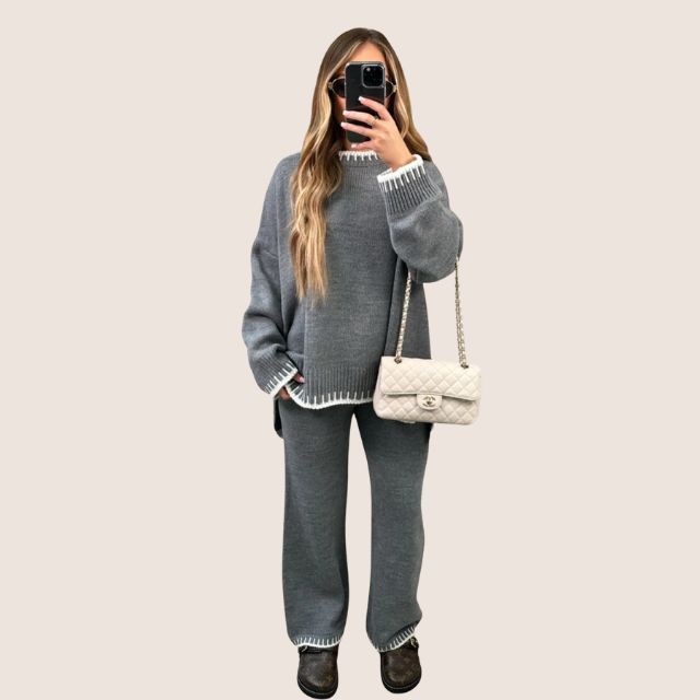 GR | Schickes Strick-Loungewear-Set mit Kontrastbesatz