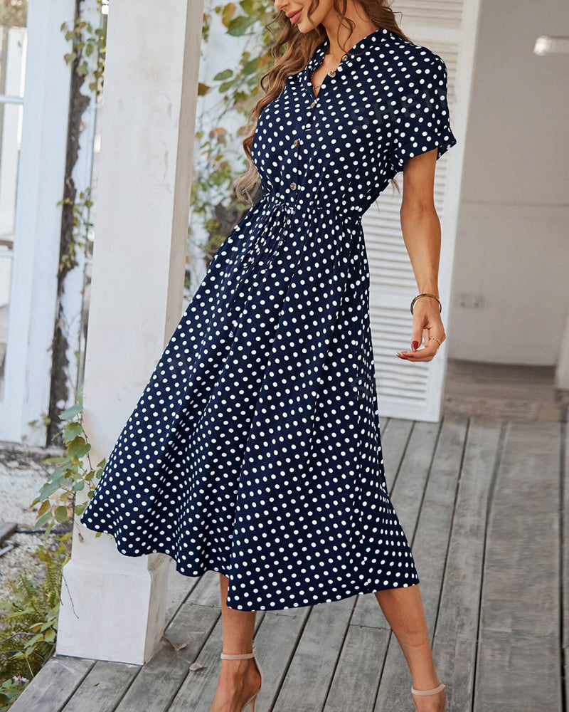 GR | Punkte-Muster Kleid mit Bindeband und Knöpfen
