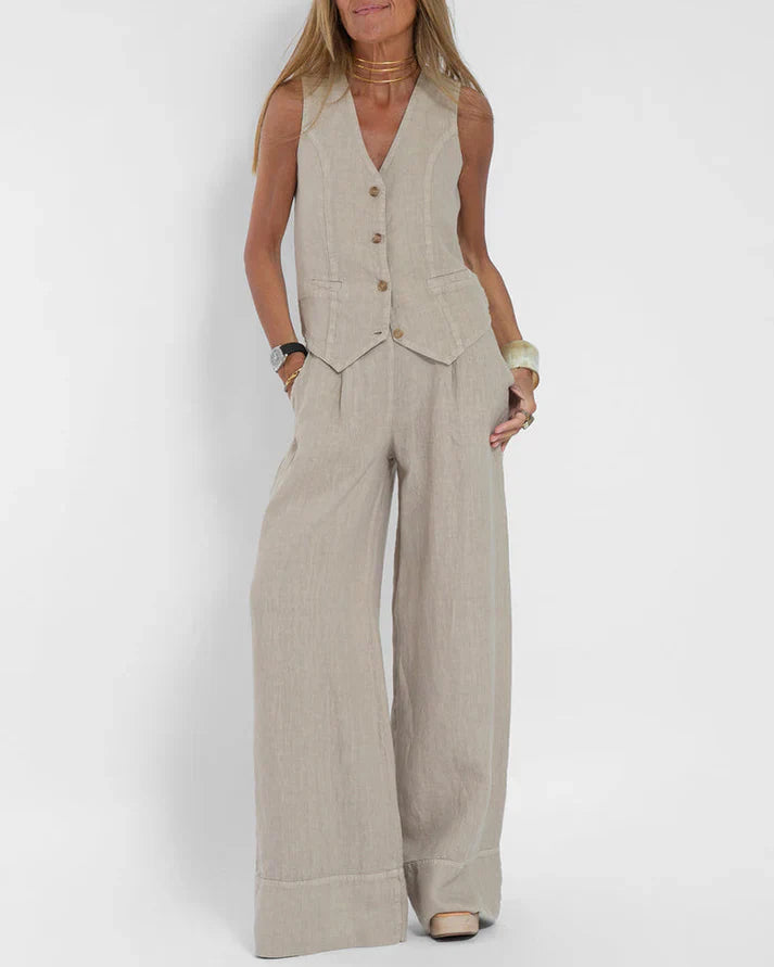 GR | Elegant 2-piece set consisting of wide linen trousers and vest