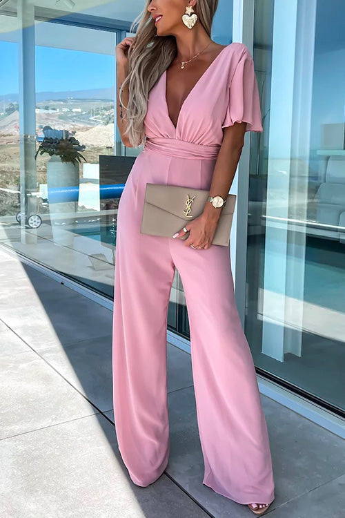 GR | Rosiedress Deep V-Neck Ruffled Sleeve High Waist Wide Leg Jumpsuit