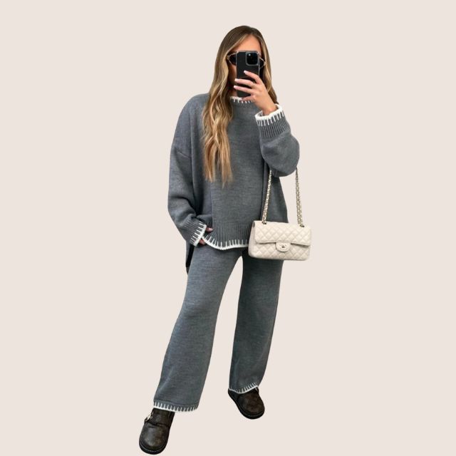 GR | Schickes Strick-Loungewear-Set mit Kontrastbesatz