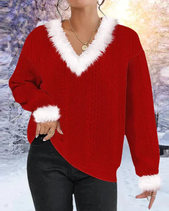 Fur collar patchwork sweater 