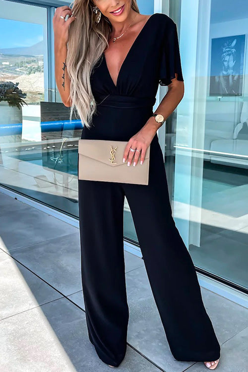GR | Rosiedress Deep V-Neck Ruffled Sleeve High Waist Wide Leg Jumpsuit