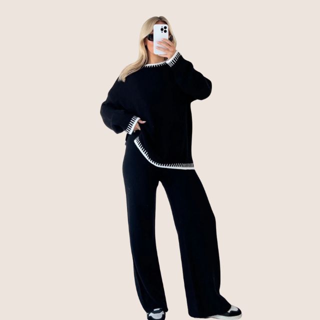 GR | Schickes Strick-Loungewear-Set mit Kontrastbesatz