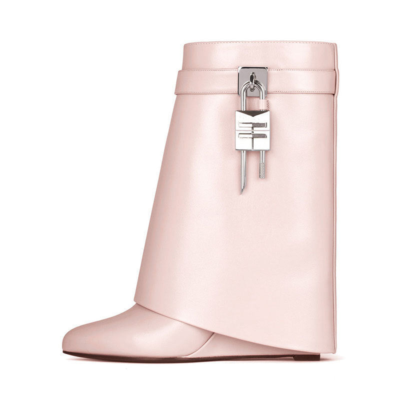 GR | Women's Fashion Slanted Heel Round Toe Leather Upper High Heel Zipper Short Boots