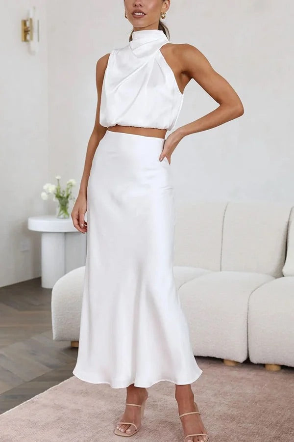 GR | Such a mood High-necked satin draped maxi skirt set 