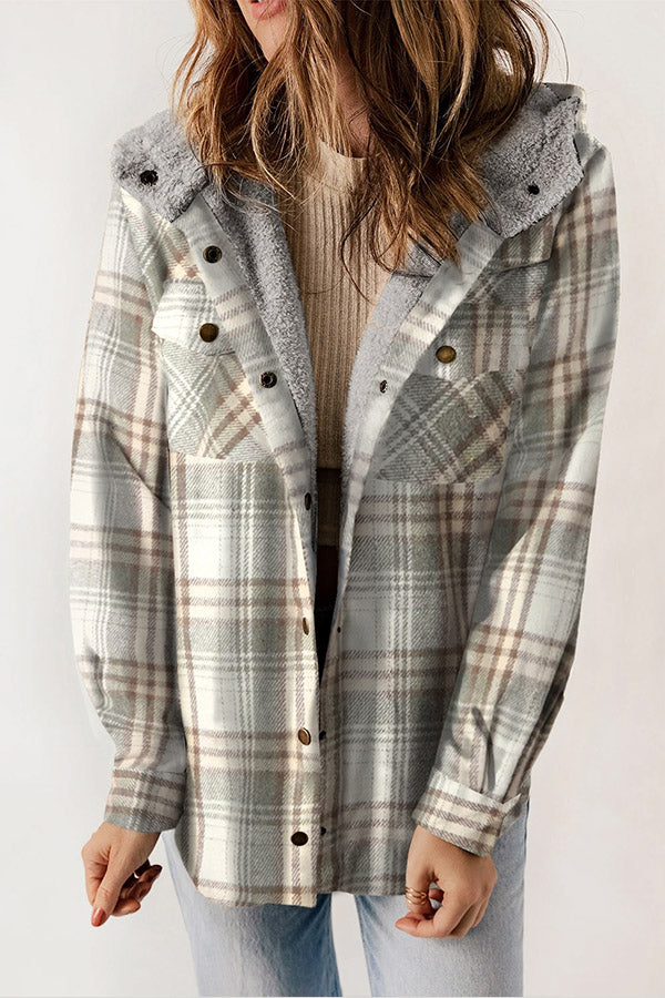GR | Snap Button Sherpa Fleece Lined Hooded Flannel Jacket