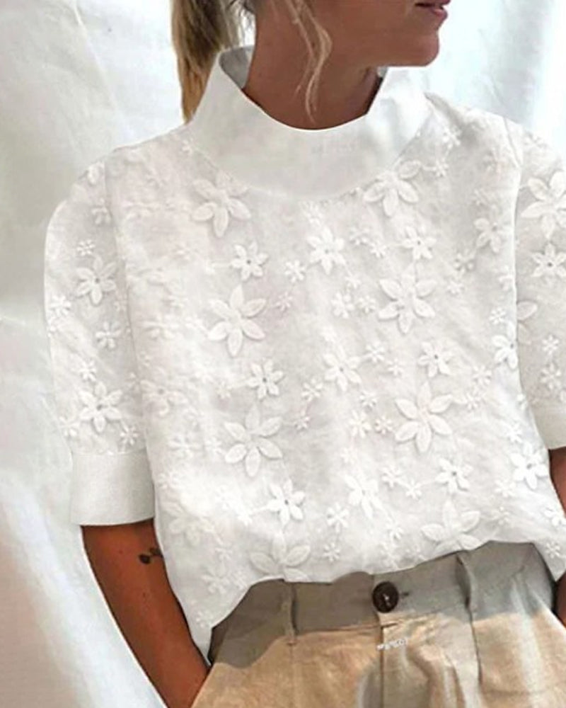 GR | Top with embroidered, solid-color stand-up collar
