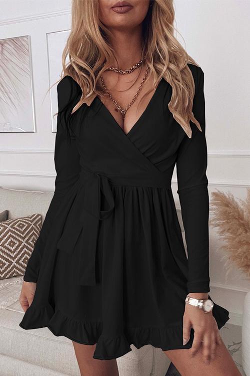 GR | Wrap V-neck Band Waist Gathered Ruffle Dress