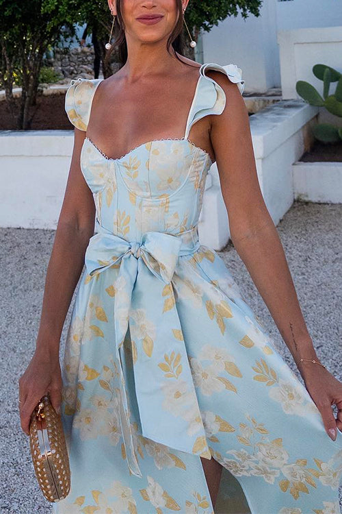 GR | Rosiedress Rüschenschulter Schleife Knoten Taille Schlitz Bedrucktes Vintage Party Kleid
