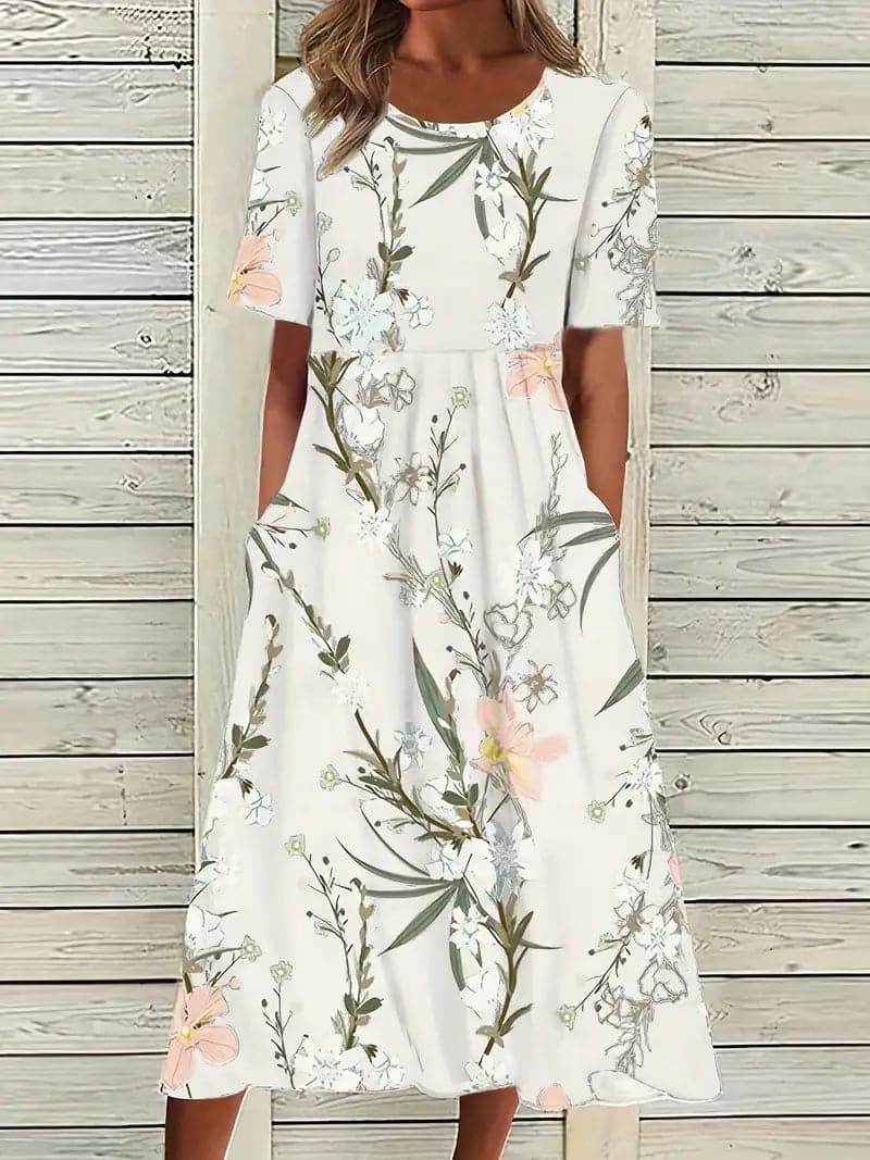 GR | Midi Kleid Blumendes Muster Rundhals Kurze Ärmel Luftig und Bequem