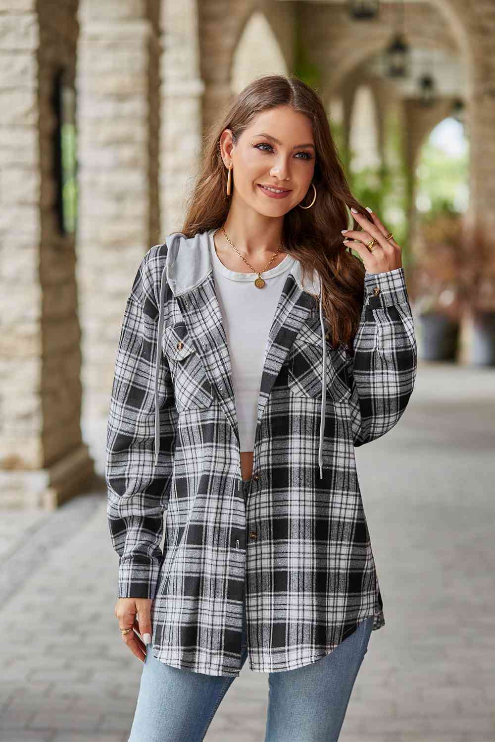GR | Checkered long-sleeved hooded jacket