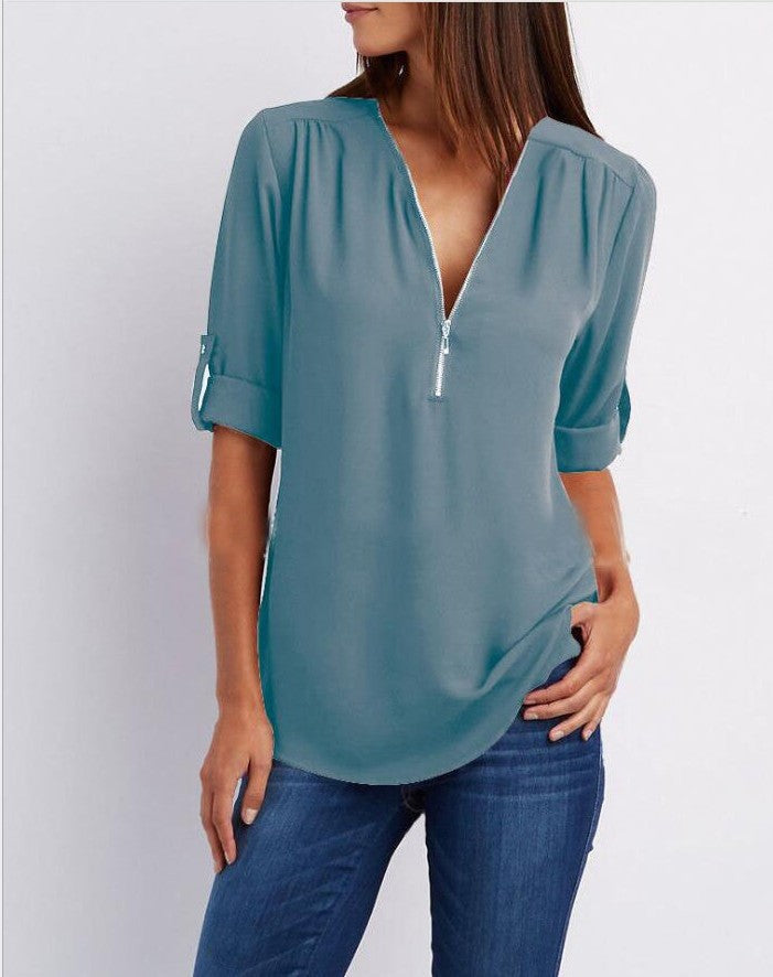 GR Short-sleeved shirt with zipper and V-neck - Loose tops