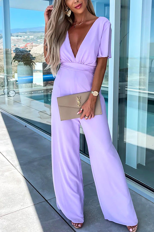 GR | Rosiedress Deep V-Neck Ruffled Sleeve High Waist Wide Leg Jumpsuit