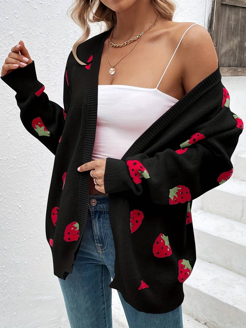 Long-sleeved cardigan with strawberry print for autumn and spring