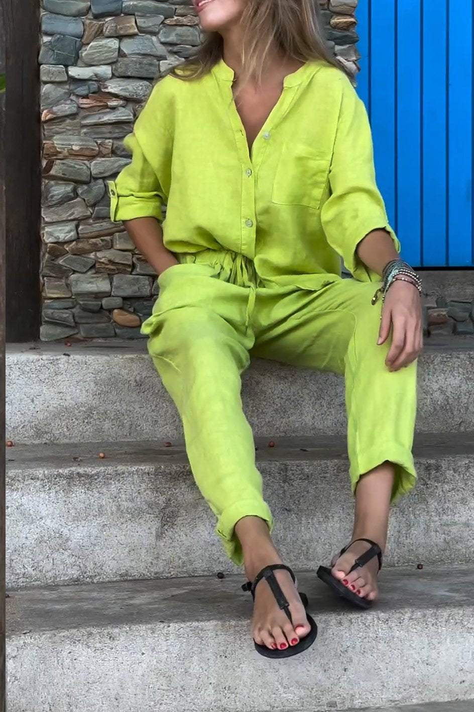 V-neck shirt and cotton trousers