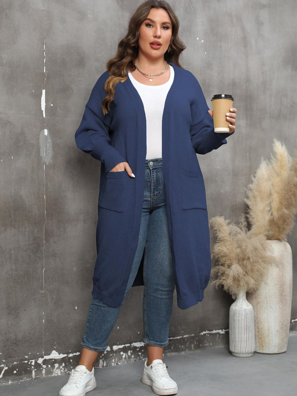 GR | Plus Size Langarm Taschen Cardigan