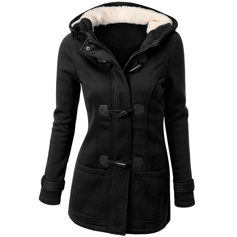 Women's duffle coat with hood and practical pockets, size