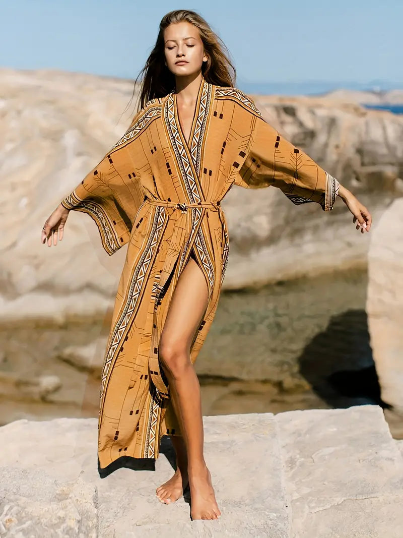 GR | Boho Plus Size Kimono with Tie Belt Maxi Tunic