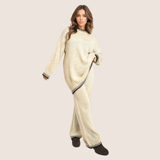 GR | Schickes Strick-Loungewear-Set mit Kontrastbesatz