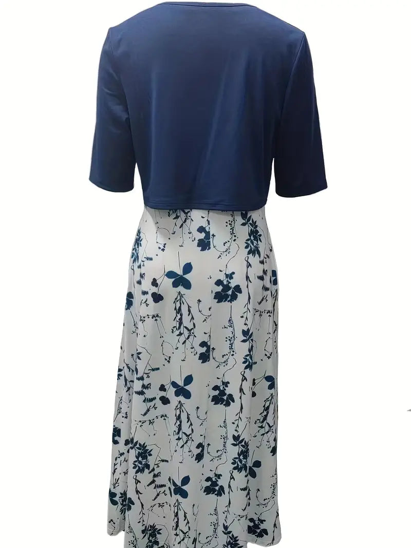 GR | Elegante Zweiteilige Blumenkleid-Set mit Einfarbigem Crop-Top und Rundhalskleid