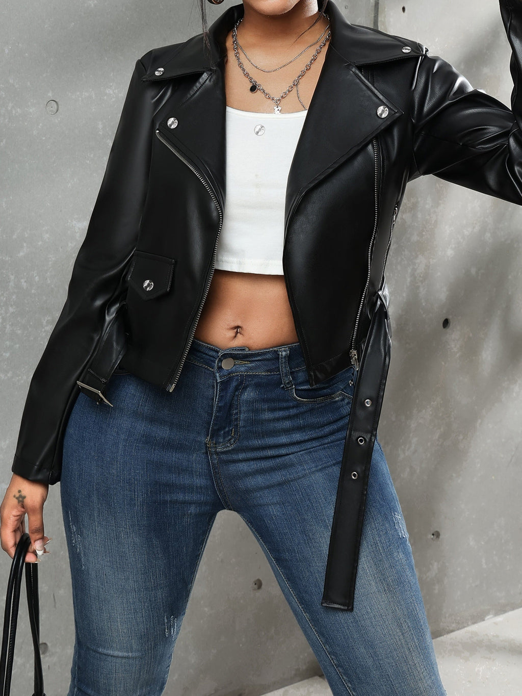 GR | Black leather jacket with belt for women