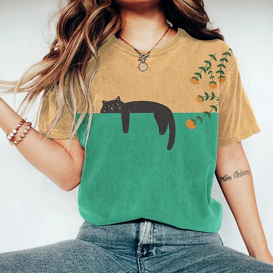 GR | Zweifarbige Katzen-Grafik-T-Shirt für Damen