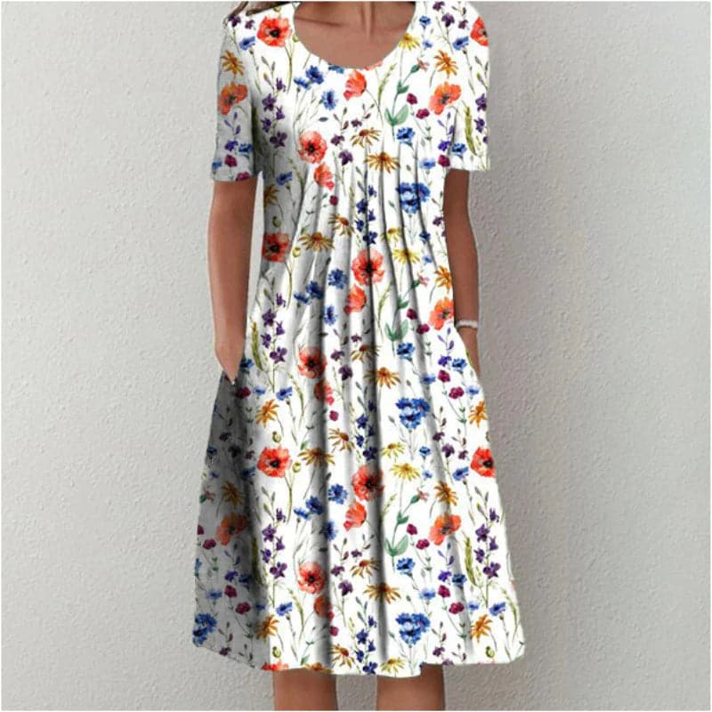 GR | A-line dress, knee-length with short sleeves, floral pattern with pockets