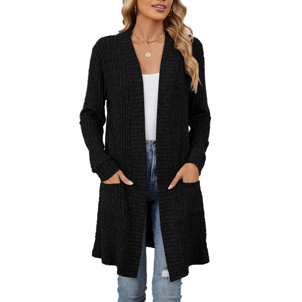 GR | Lange Strickjacken Damen Gerippte Offene Vorderseite Jacke mit Taschen