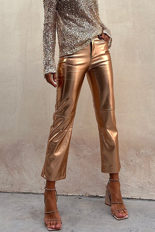 GR | Metallic Faux Leather Straight Leg Cropped Trousers