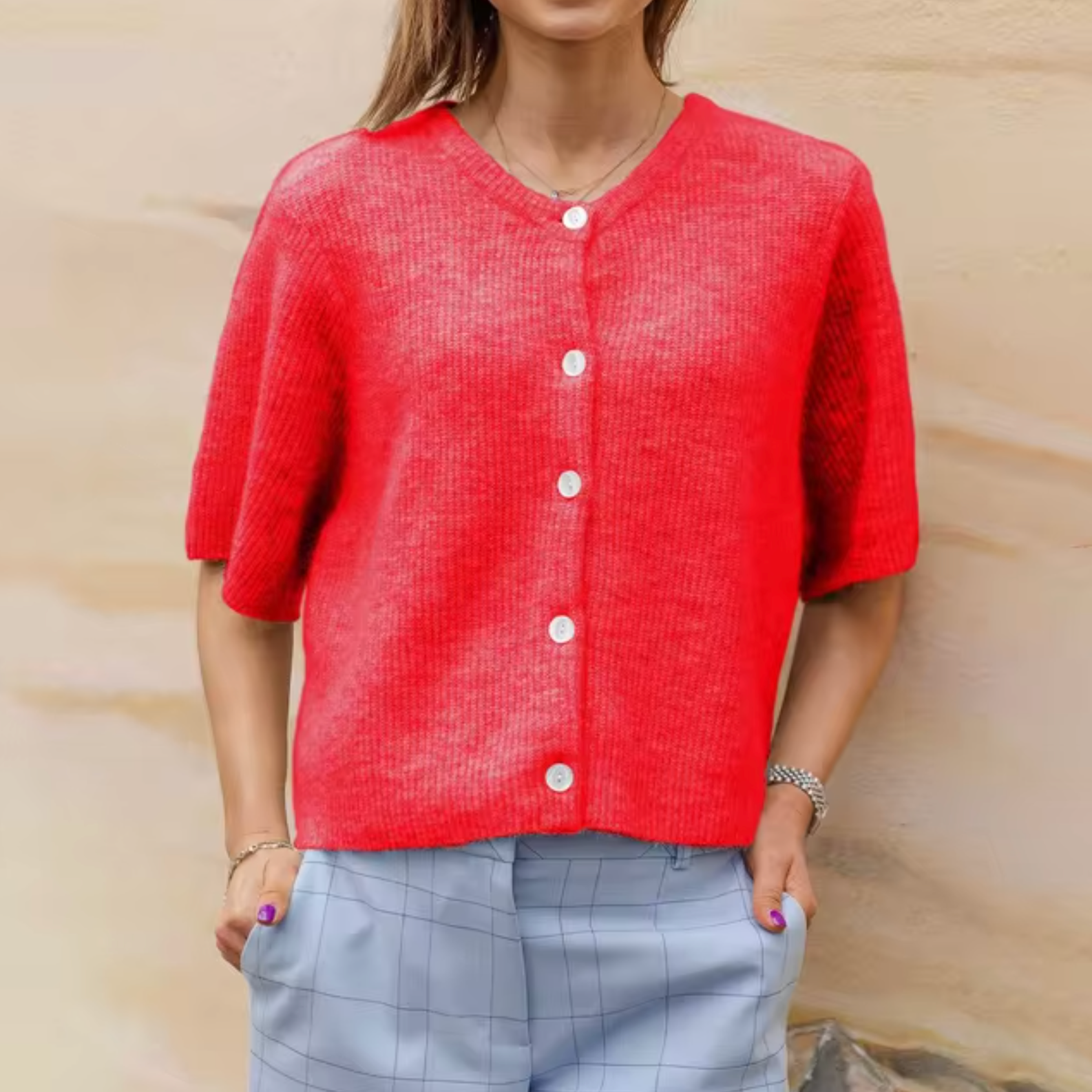 GR | Short Knit Cardigan with Buttons for Women