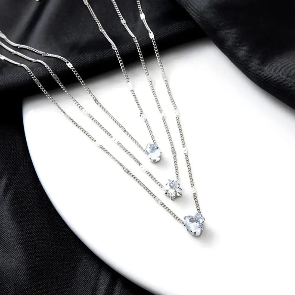 GR | Zircon Heart Charm Layered Pendant Necklace