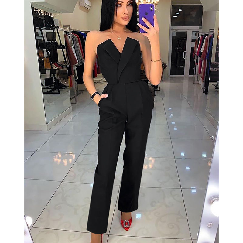 GR | Off-Shoulder Sexy V-Neck Long Pants Jumpsuit
