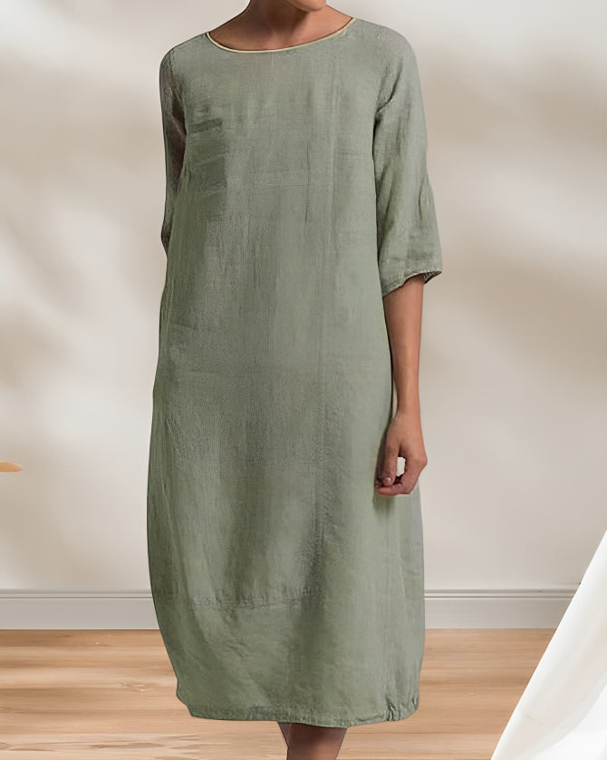 GR | Ladies Lässig Leinen Look Einfaches Midikleid