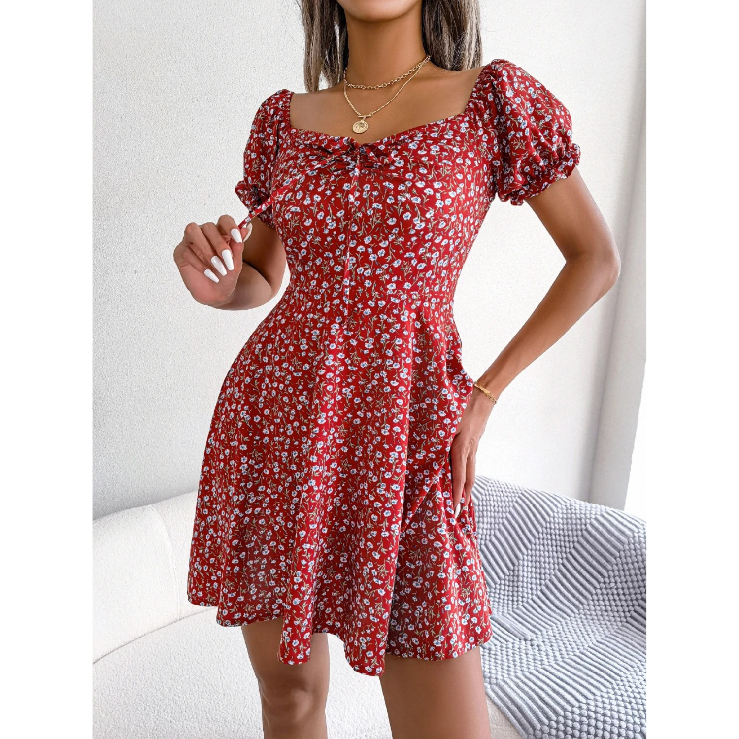 GR | Summer dress with floral puff sleeves for women