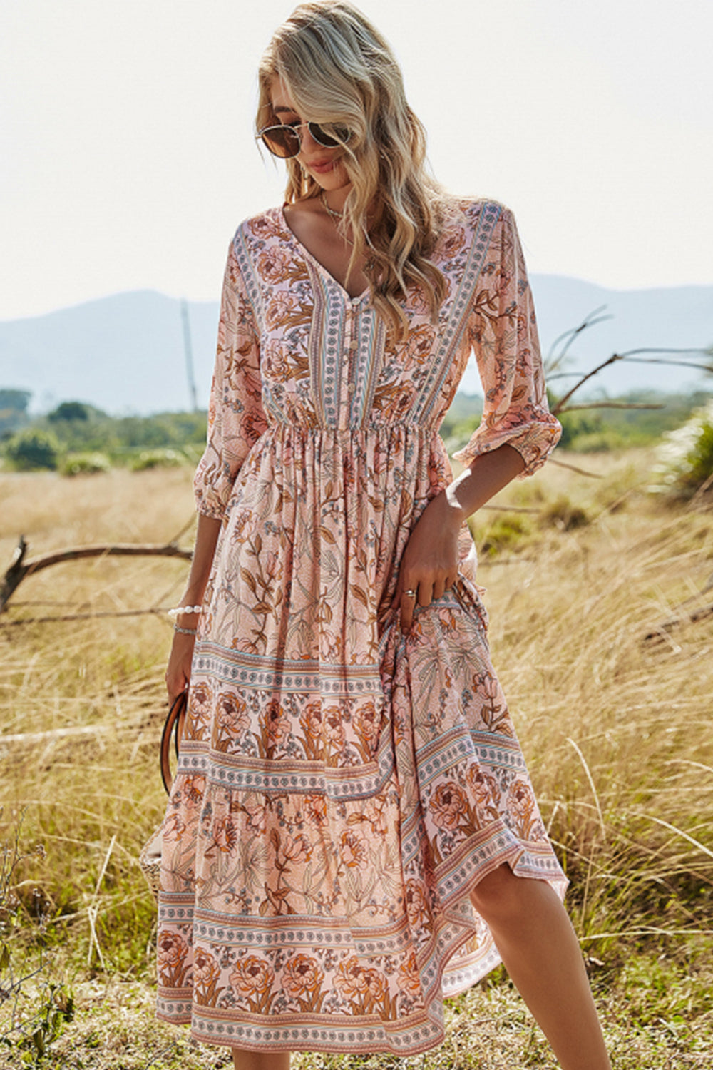 GR | High-waisted V-neck Boho beach dress