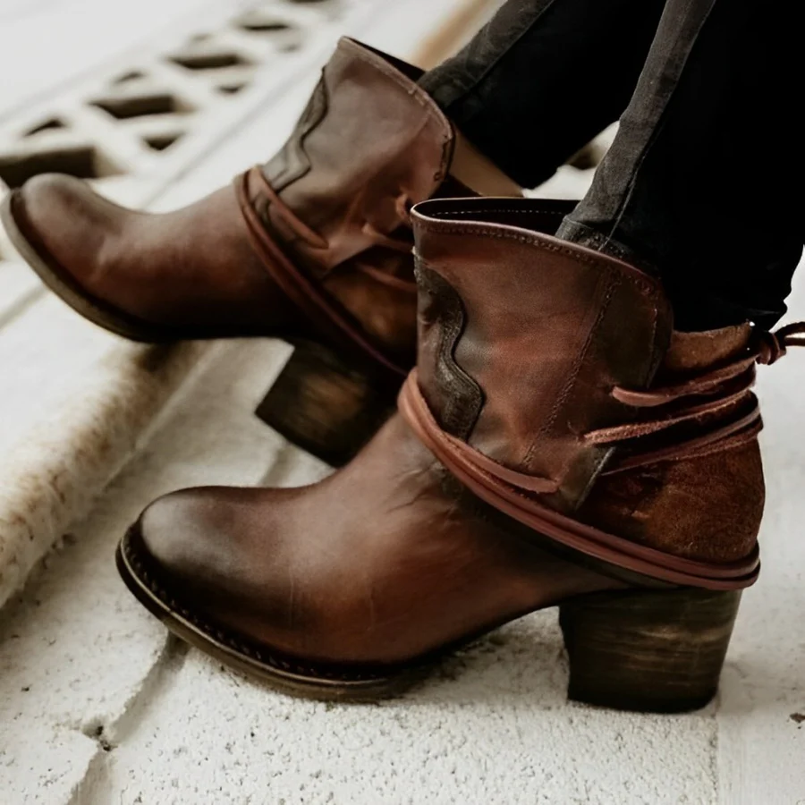 GR | Women's Western Ankle Boots with Wrap Lacing, Washed Leather, Chunky Heels