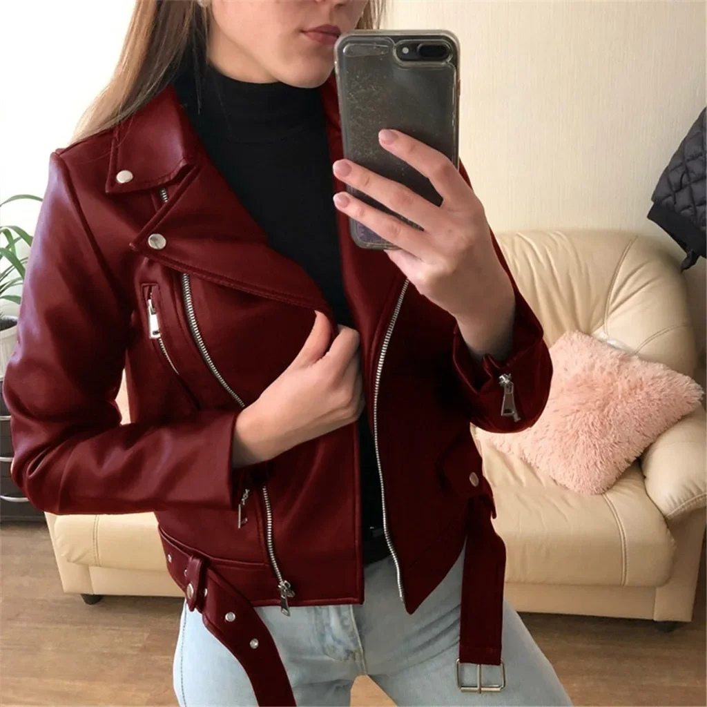 GR | Women's Leather Biker Jacket with Zippers and Waist Belt