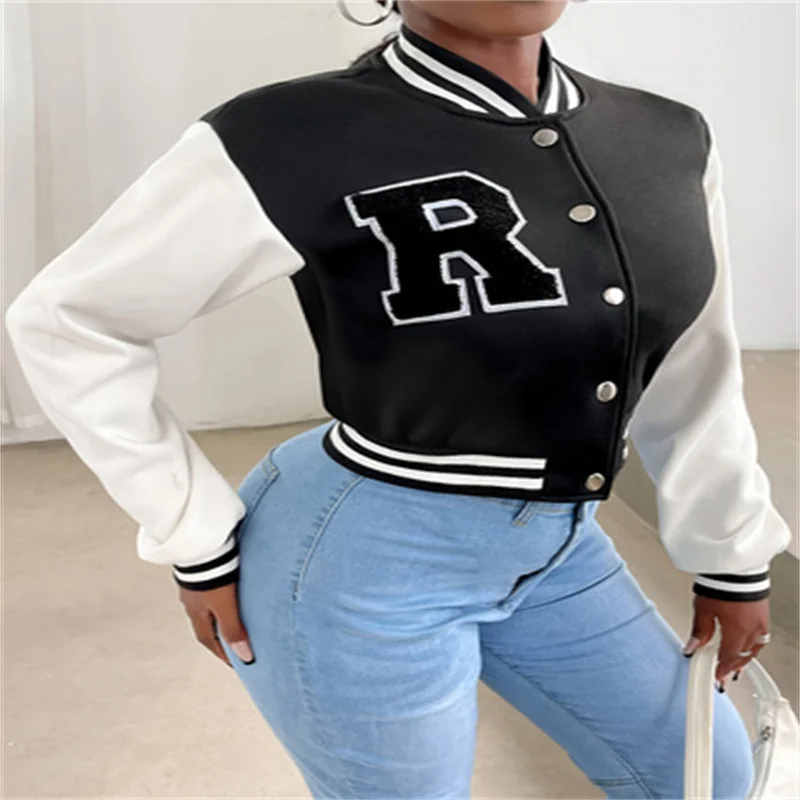 GR | Varsity Bomber Jacket for Women, Short Model with Letter Patch and Snap Button Closure