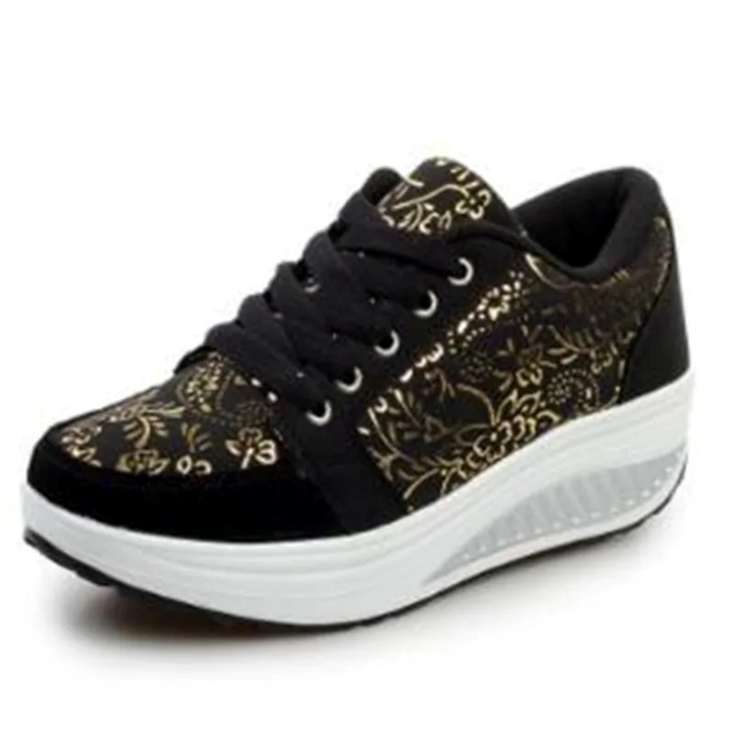 GR | Black Leather Orthopedic Women's Sneakers with Floral Pattern