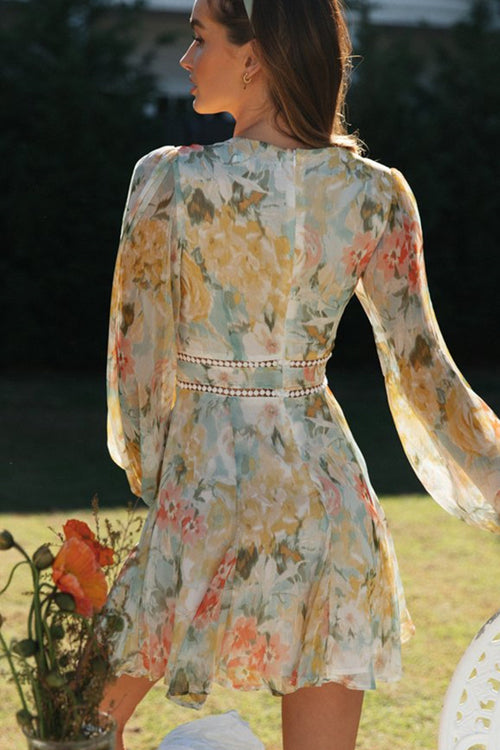 GR | Strahlend Süß Langarm Blumenmuster Mini Kleid
