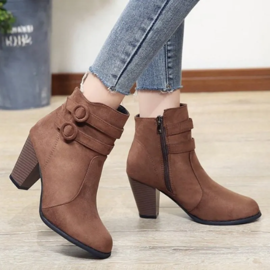GR | Women's suede ankle boots with double-stitch closure, high block heel, zipper