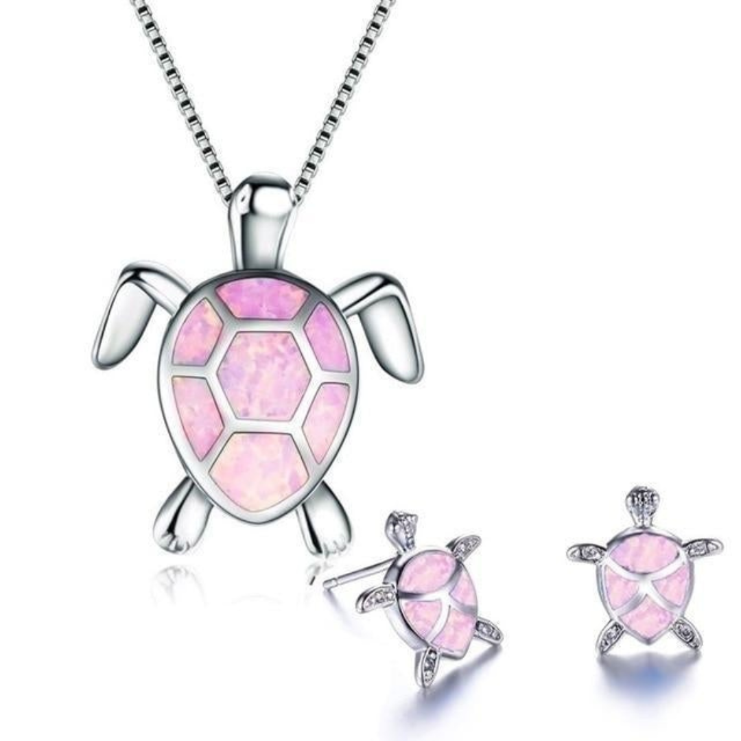 GR | Turtle Necklace + Earrings in Opal and Silver