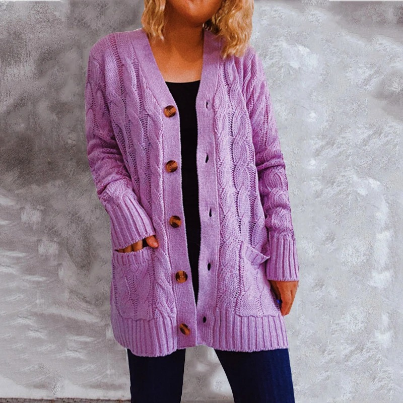GR | Women's wool cardigan with cable knit pattern and wooden buttons, loose fit