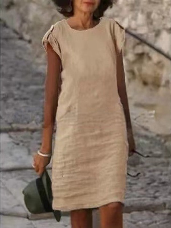 GR | Women's Midi Dress in Colorful Cotton-Linen, Sleeveless with Round Neck