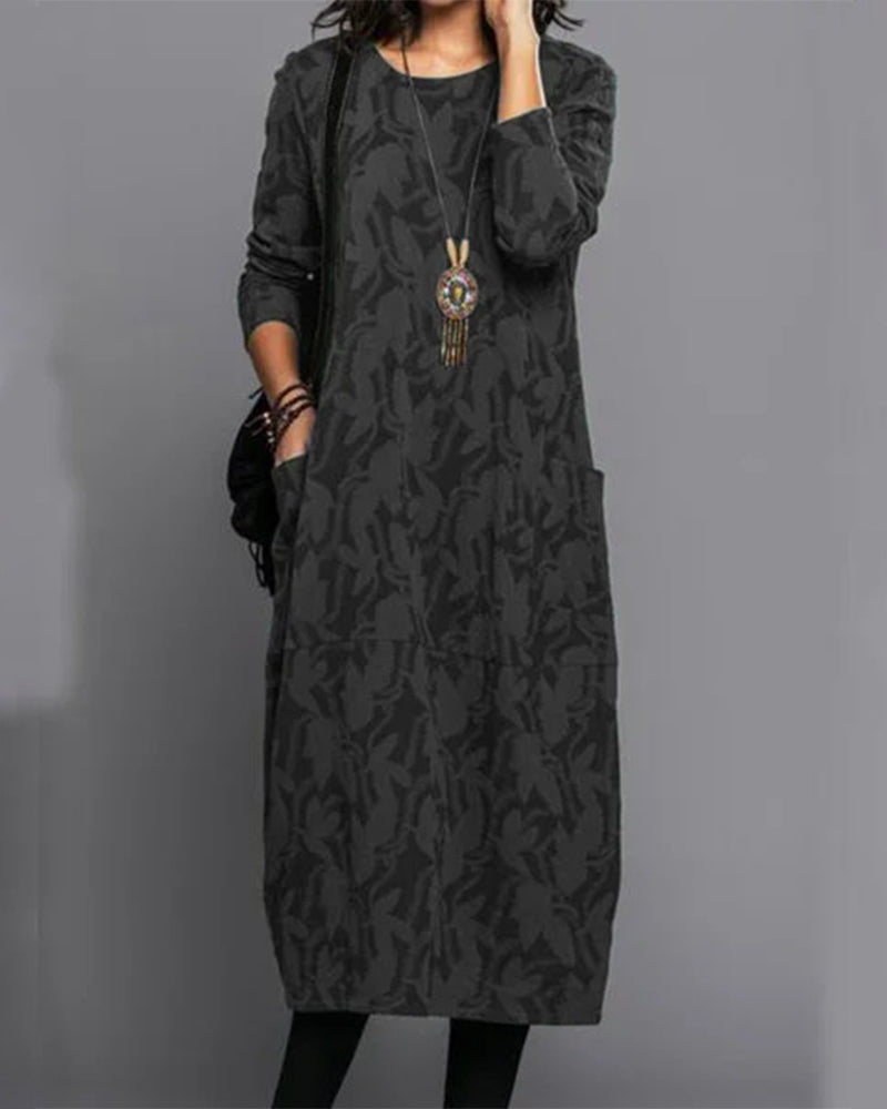 GR | Bohemian Autumn Long Sleeve Printed Pocket Dress for Women