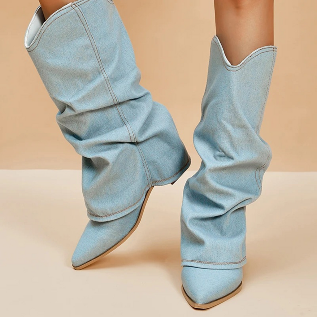 GR | folded denim boots with block heel