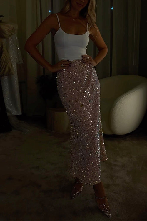 GR | High Waist Party Pailletten Midi Rock