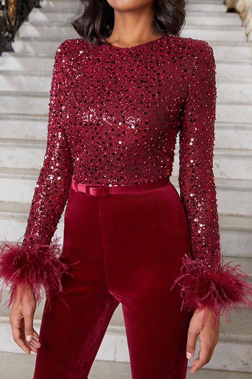 GR | Rosiedress Feather Panel Long Sleeve Bell Bottom Sequin Jumpsuit