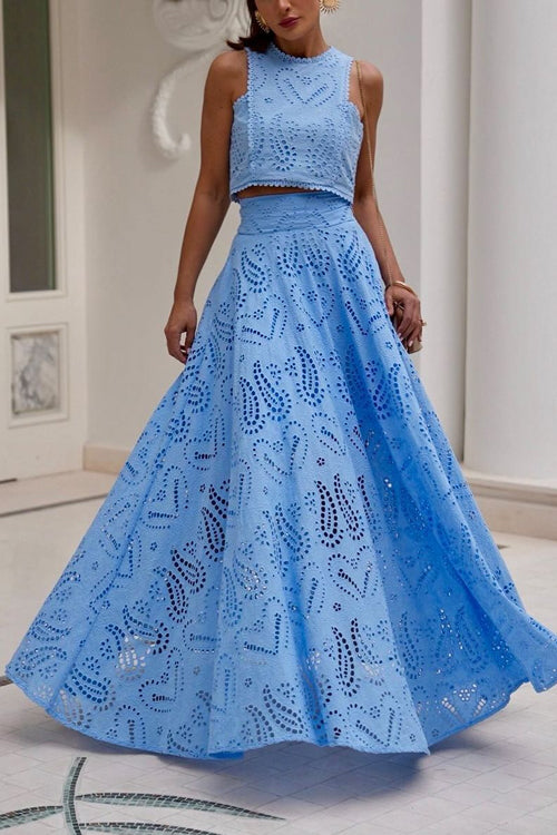 GR | Rosiedress Lace Hollow Out Round Neck Crop Tank Top High Waist Maxi Swing Skirt Set 